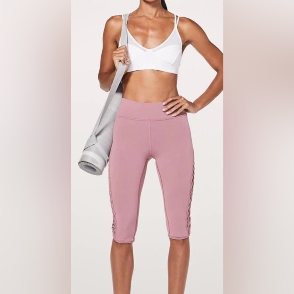 Lululemon Love Knot High Rise Crop Pink Leggings Size 12 Mesh Cutout Luxtreme